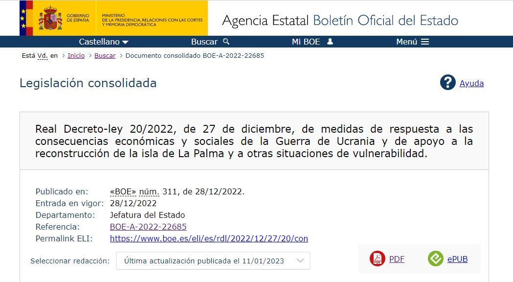 Real Decreto-ley 20/2022, de 27 de diciembre, de medidas de respuesta a las consecuencias económicas y sociales de la Guerra de Ucrania